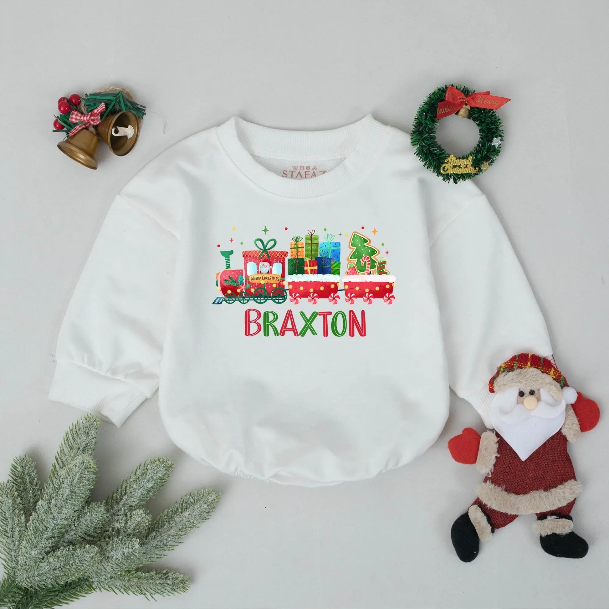 Braxton's First Christmas Train Romper: Personalized Holiday Baby Outfit, Xmas Newborn Gift, Cheerful Festive Toddler Sweatshirt, Christmas Party Favors