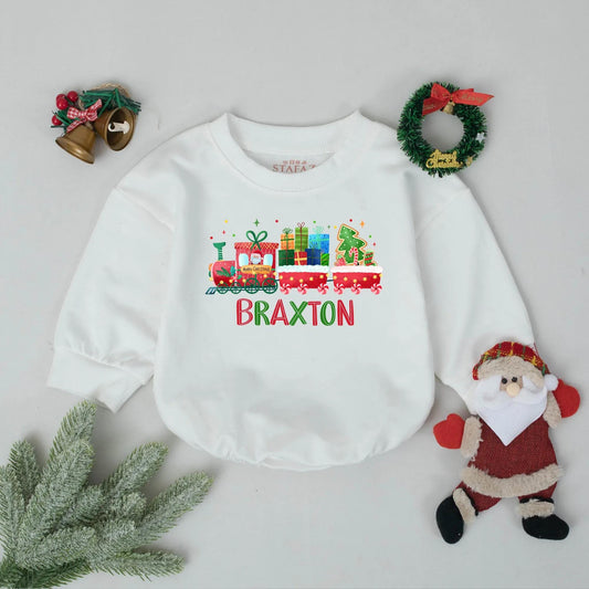 Braxton's First Christmas Train Romper: Personalized Holiday Baby Outfit, Xmas Newborn Gift, Cheerful Festive Toddler Sweatshirt, Christmas Party Favors
