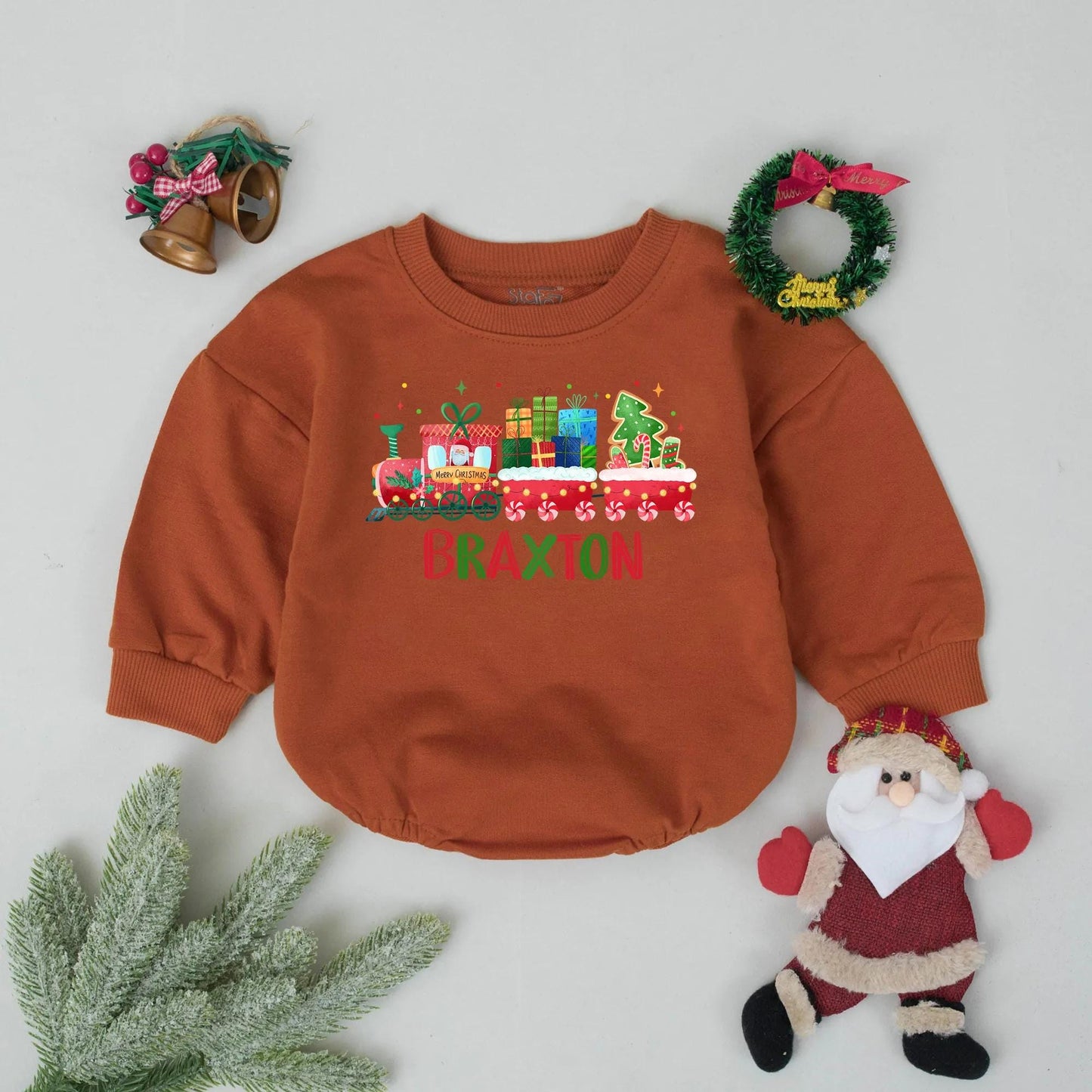 Braxton's First Christmas Train Romper: Personalized Holiday Baby Outfit, Xmas Newborn Gift, Cheerful Festive Toddler Sweatshirt, Christmas Party Favors