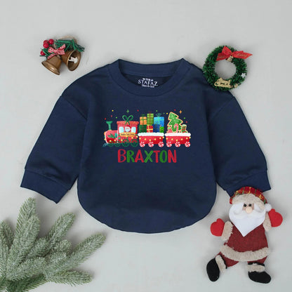 Braxton's First Christmas Train Romper: Personalized Holiday Baby Outfit, Xmas Newborn Gift, Cheerful Festive Toddler Sweatshirt, Christmas Party Favors