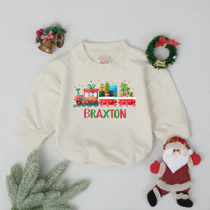 Braxton's First Christmas Train Romper: Personalized Holiday Baby Outfit, Xmas Newborn Gift, Cheerful Festive Toddler Sweatshirt, Christmas Party Favors