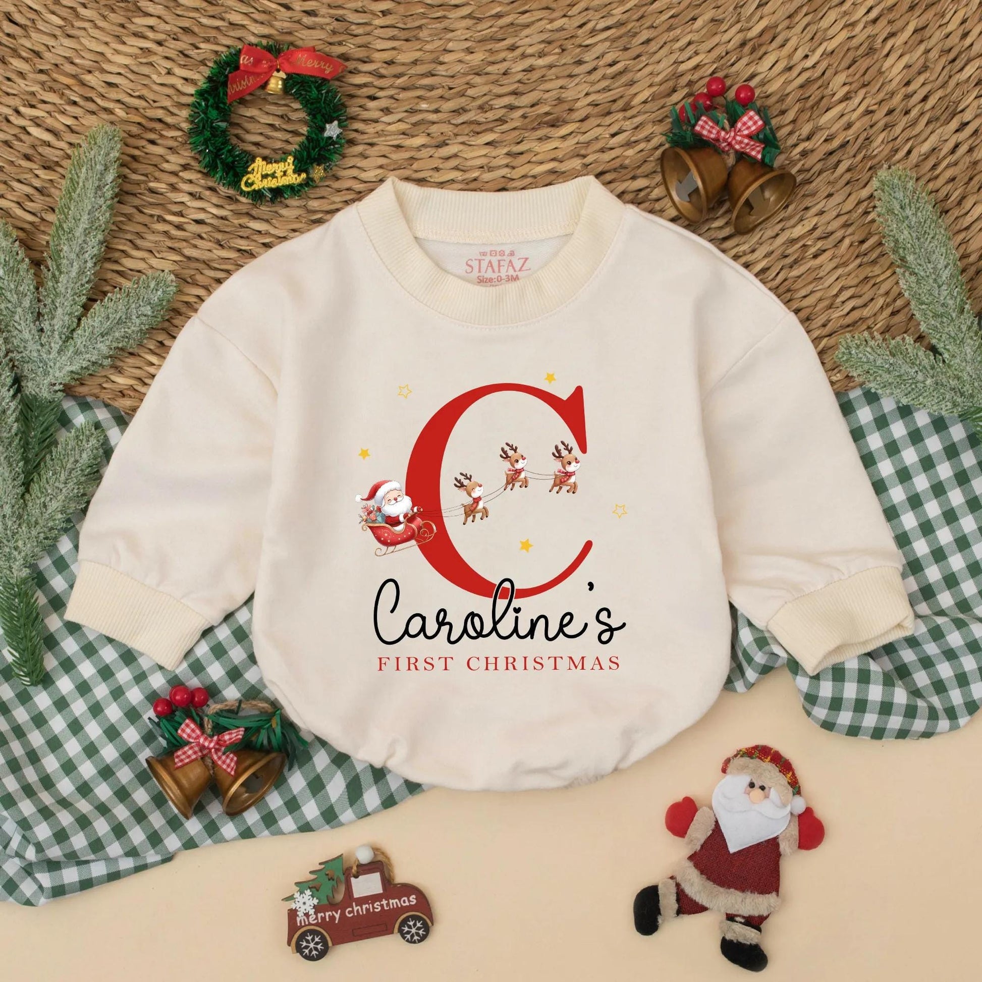 Personalized Baby's First Christmas Romper, Santa Reindeer Outfit with Custom Name, Holiday Newborn Bodysuit Gift, Caroline's 1st Christmas Outfit