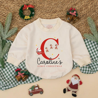 Personalized Baby's First Christmas Romper, Santa Reindeer Outfit with Custom Name, Holiday Newborn Bodysuit Gift, Caroline's 1st Christmas Outfit