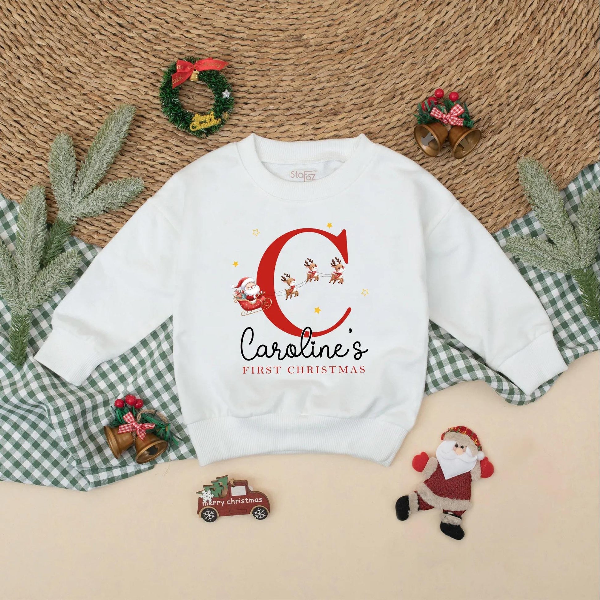 Personalized Baby's First Christmas Romper, Santa Reindeer Outfit with Custom Name, Holiday Newborn Bodysuit Gift, Caroline's 1st Christmas Outfit