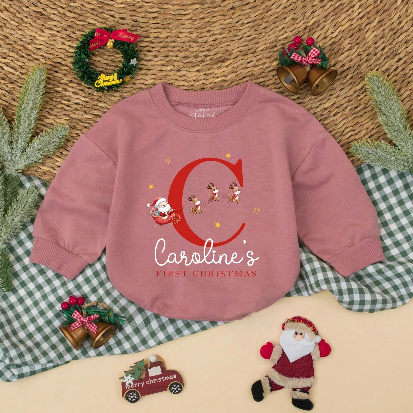 Personalized Baby's First Christmas Romper, Santa Reindeer Outfit with Custom Name, Holiday Newborn Bodysuit Gift, Caroline's 1st Christmas Outfit