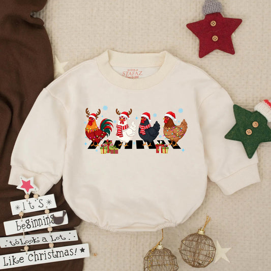 Festive Chicken Crossing Baby Romper, First Christmas Outfit for Boys, Whimsical Holiday Toddler Clothes with Cute Farm Animal Design & Snowflake Details