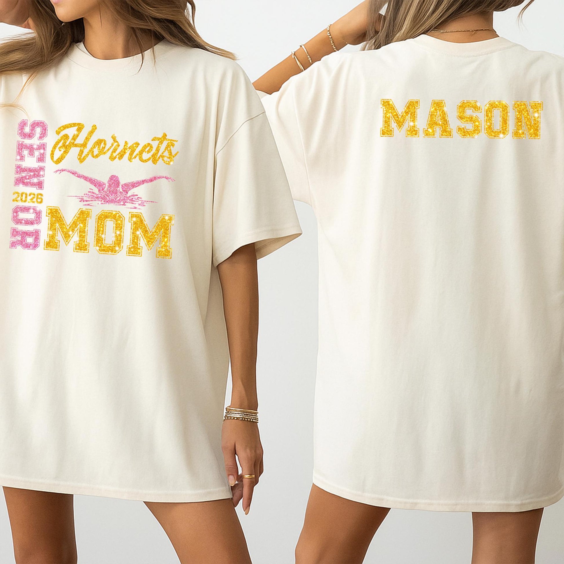 Proud Senior Mom 2026 Glitter Swim Tee Mason Hornets Gold Pink Swimmer Graphic Team Spirit Gift for Mom