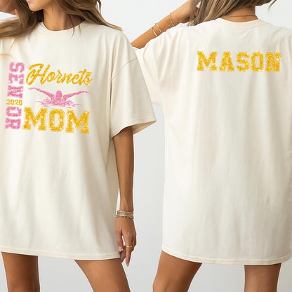 Proud Senior Mom 2026 Glitter Swim Tee Mason Hornets Gold Pink Swimmer Graphic Team Spirit Gift for Mom