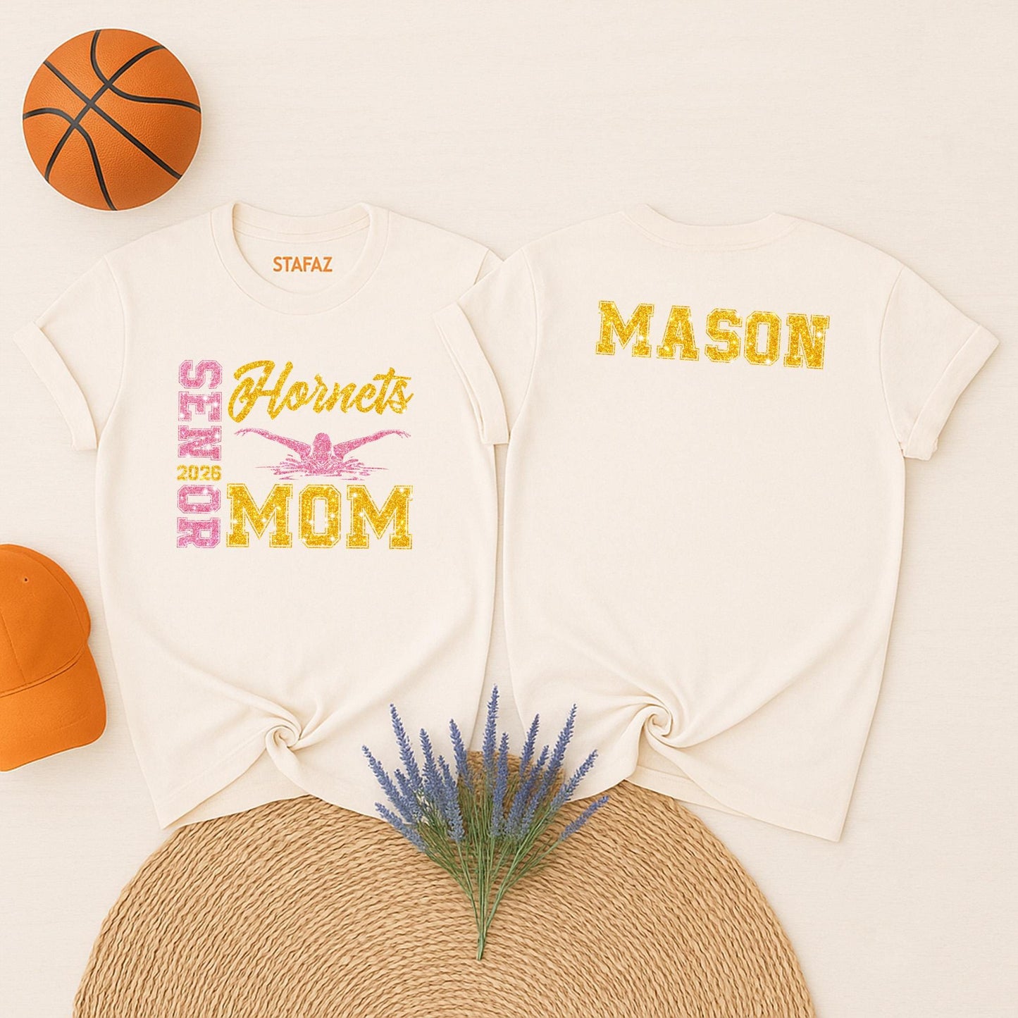 Proud Senior Mom 2026 Glitter Swim Tee Mason Hornets Gold Pink Swimmer Graphic Team Spirit Gift for Mom