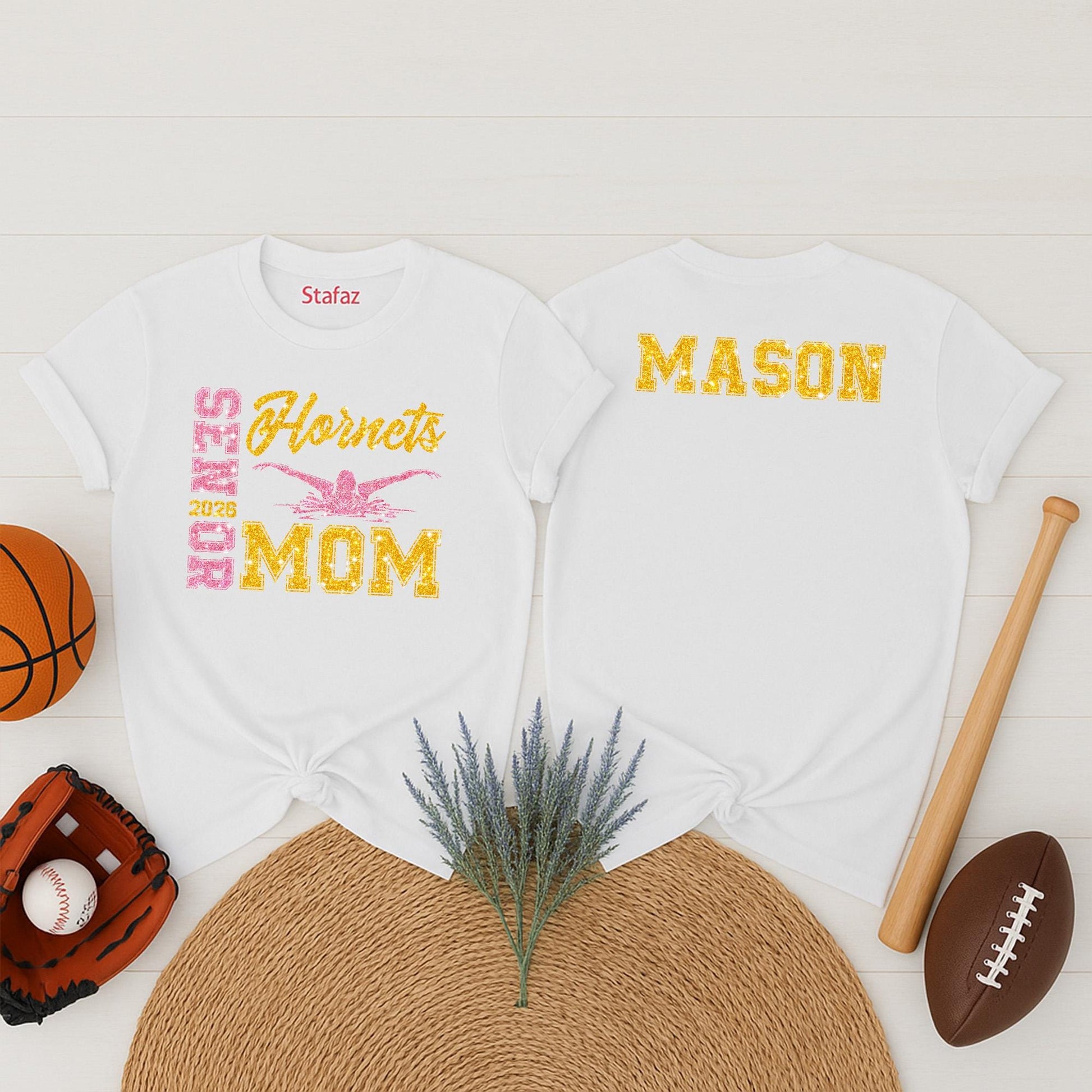 Proud Senior Mom 2026 Glitter Swim Tee Mason Hornets Gold Pink Swimmer Graphic Team Spirit Gift for Mom