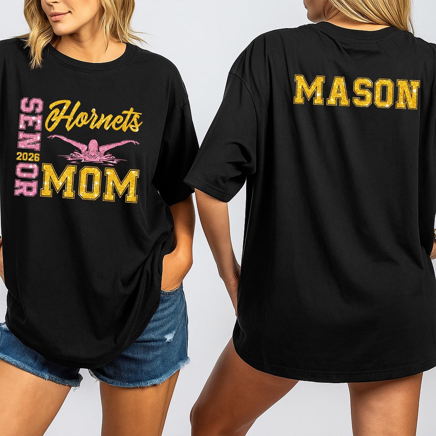 Proud Senior Mom 2026 Glitter Swim Tee Mason Hornets Gold Pink Swimmer Graphic Team Spirit Gift for Mom