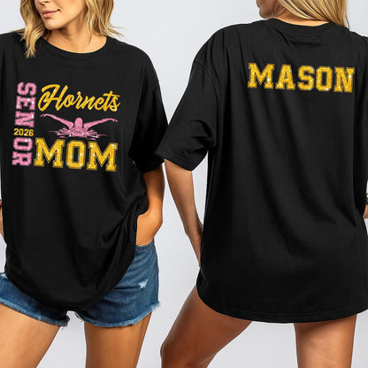 Proud Senior Mom 2026 Glitter Swim Tee Mason Hornets Gold Pink Swimmer Graphic Team Spirit Gift for Mom