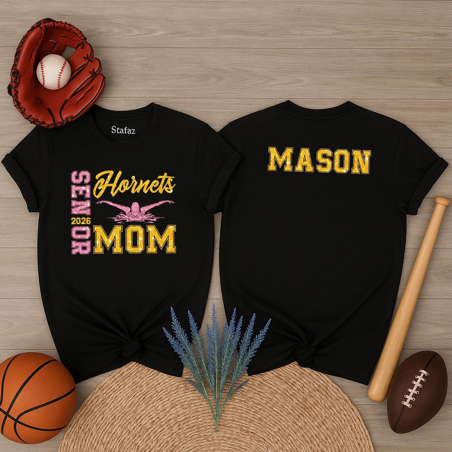 Proud Senior Mom 2026 Glitter Swim Tee Mason Hornets Gold Pink Swimmer Graphic Team Spirit Gift for Mom