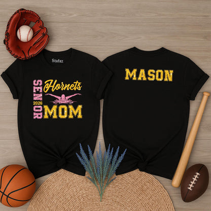 Proud Senior Mom 2026 Glitter Swim Tee Mason Hornets Gold Pink Swimmer Graphic Team Spirit Gift for Mom