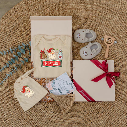 Personalized Retro Santa Baby Bodysuit, Vintage Christmas Outfit, Custom Name Holiday Romper, Red & Green Festive Newborn Gift, Milk & Cookies Design