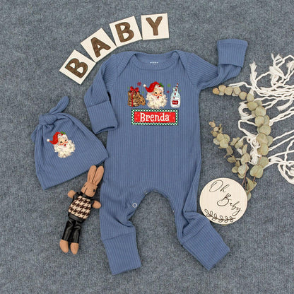 Personalized Retro Santa Baby Bodysuit, Vintage Christmas Outfit, Custom Name Holiday Romper, Red & Green Festive Newborn Gift, Milk & Cookies Design