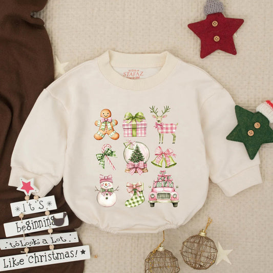 Chinoiserie Christmas Baby Girl Bubble Romper Pastel Watercolor Gingerbread Reindeer Snow Globe Holiday Infant Outfit Preppy Toddler Gift