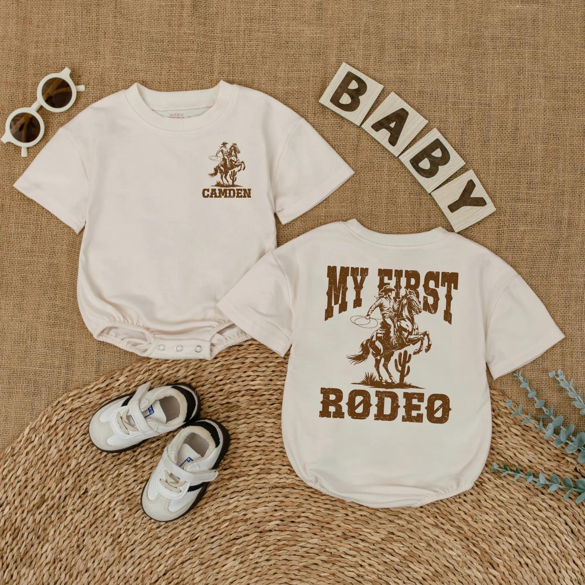 Custom My First Rodeo Baby Romper Vintage Western Cowboy Horse First Birthday Outfit with Name Rustic Brown Infant Bodysuit Gift