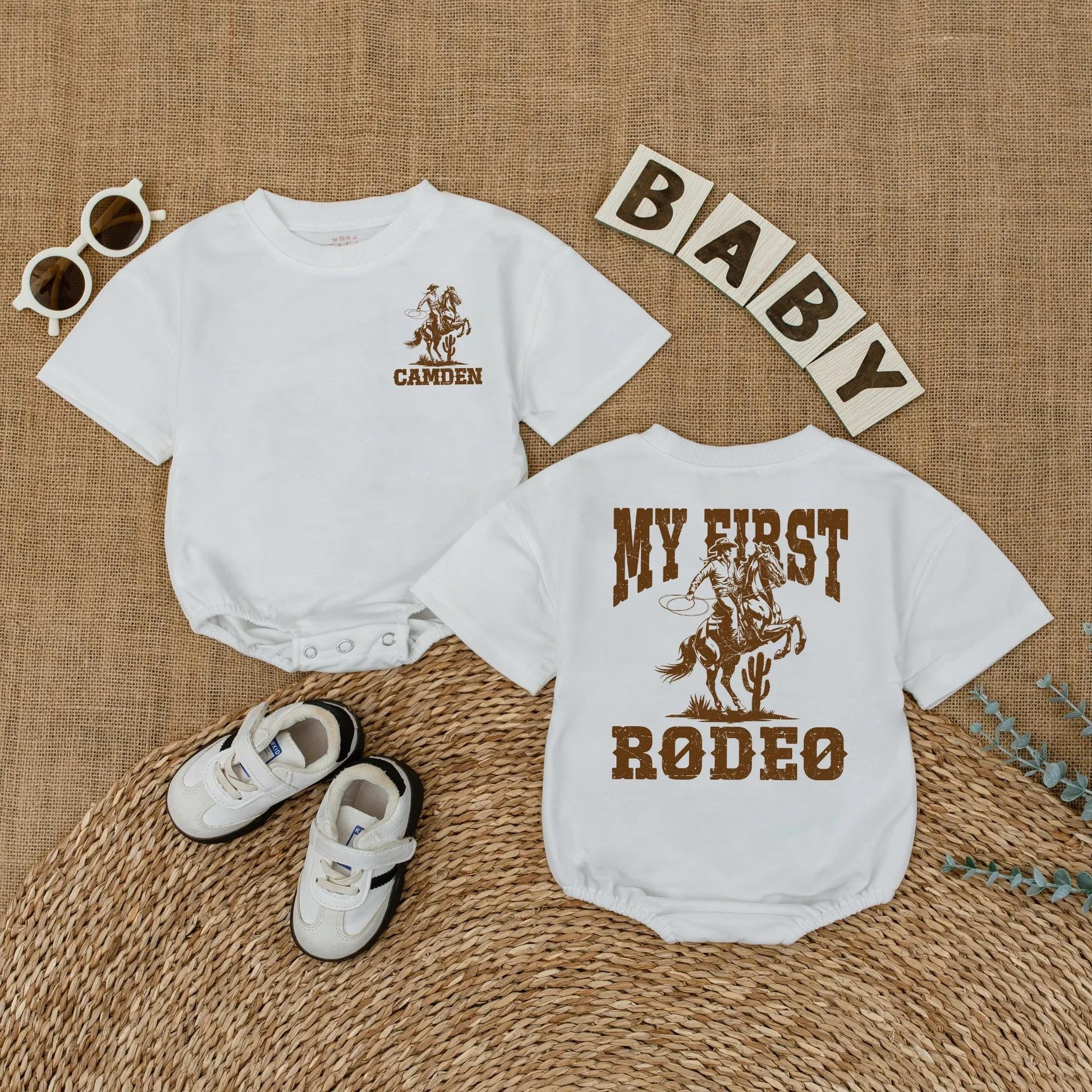 Custom My First Rodeo Baby Romper Vintage Western Cowboy Horse First Birthday Outfit with Name Rustic Brown Infant Bodysuit Gift