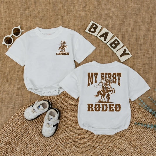 Custom My First Rodeo Baby Romper Vintage Western Cowboy Horse First Birthday Outfit with Name Rustic Brown Infant Bodysuit Gift