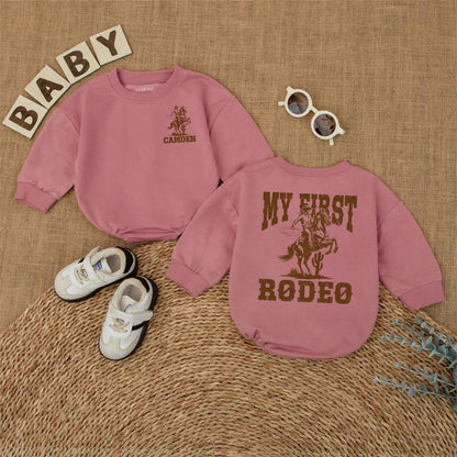 Custom My First Rodeo Baby Romper Vintage Western Cowboy Horse First Birthday Outfit with Name Rustic Brown Infant Bodysuit Gift