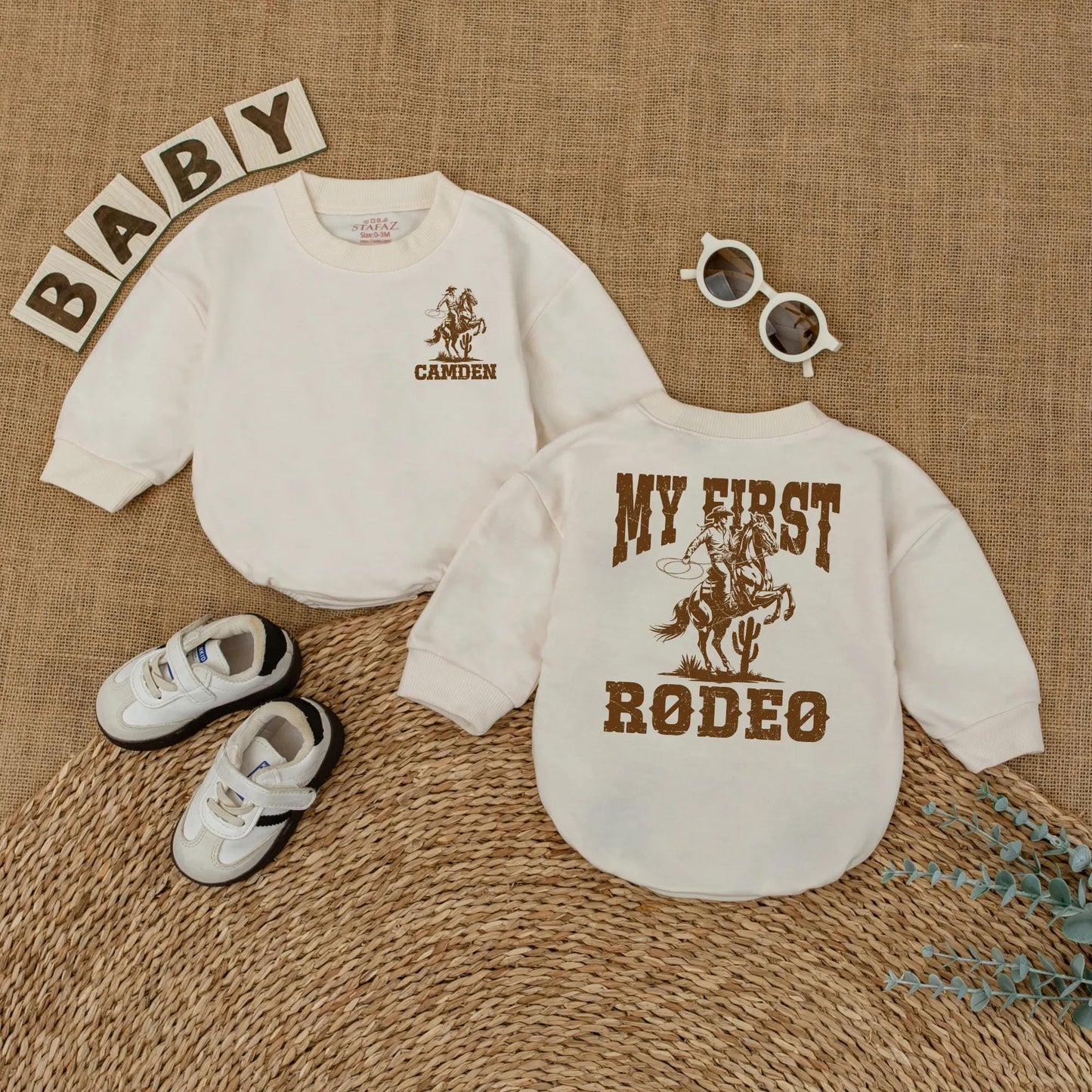 Custom My First Rodeo Baby Romper Vintage Western Cowboy Horse First Birthday Outfit with Name Rustic Brown Infant Bodysuit Gift
