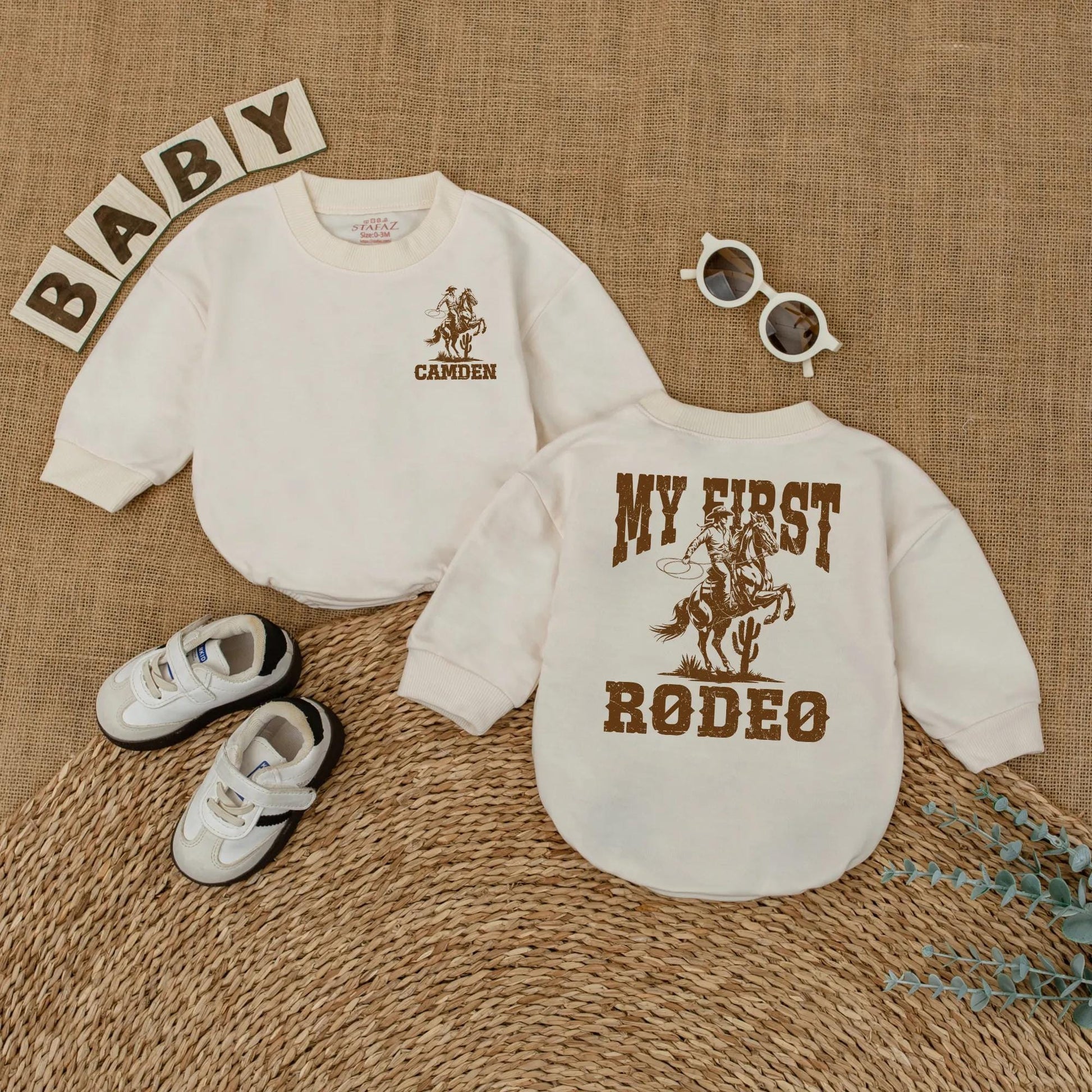 Custom My First Rodeo Baby Romper Vintage Western Cowboy Horse First Birthday Outfit with Name Rustic Brown Infant Bodysuit Gift