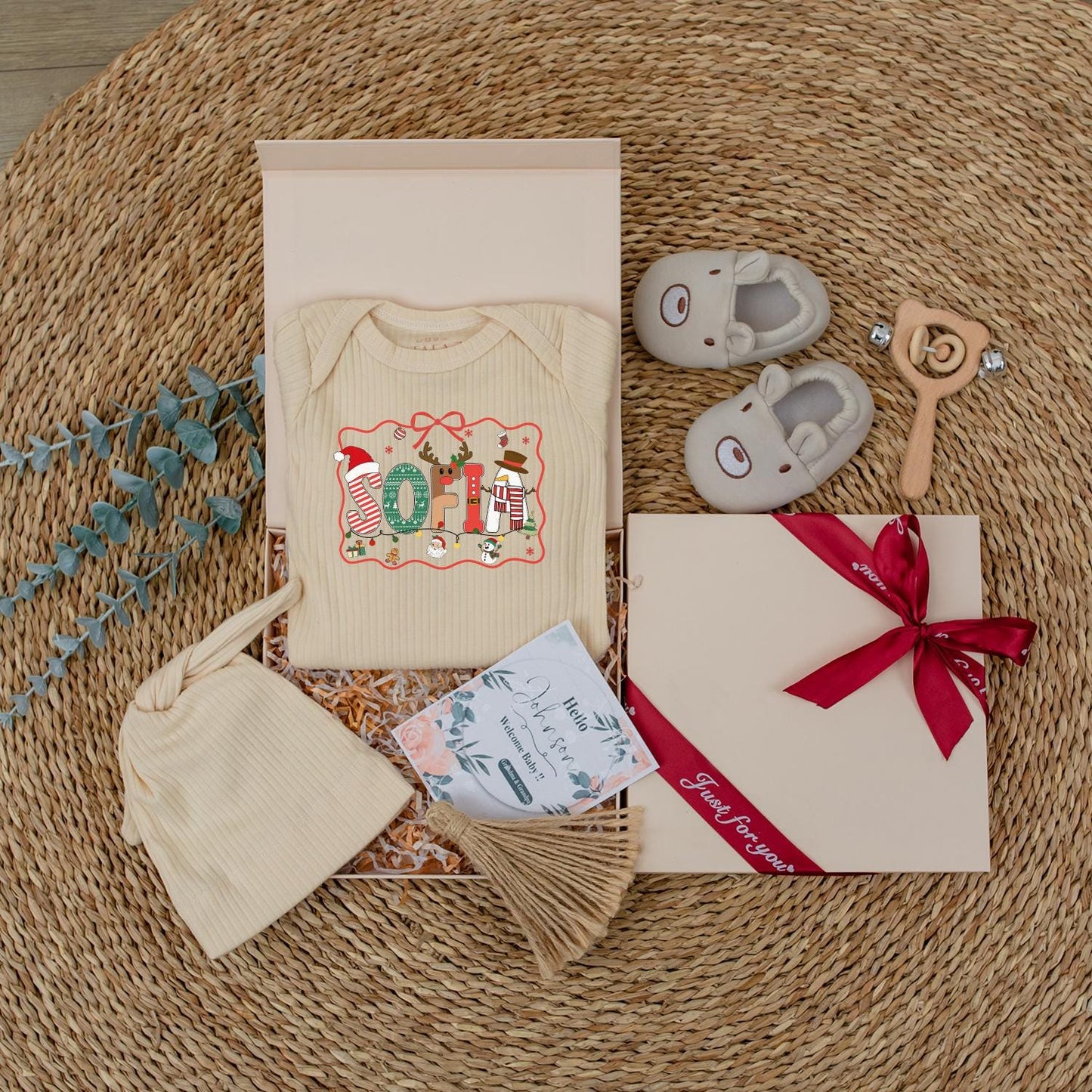 Sofia Christmas Baby Bodysuit Cute Holiday Name Outfit with Reindeer Antlers Snowman and Candy Cane Letters for Newborns