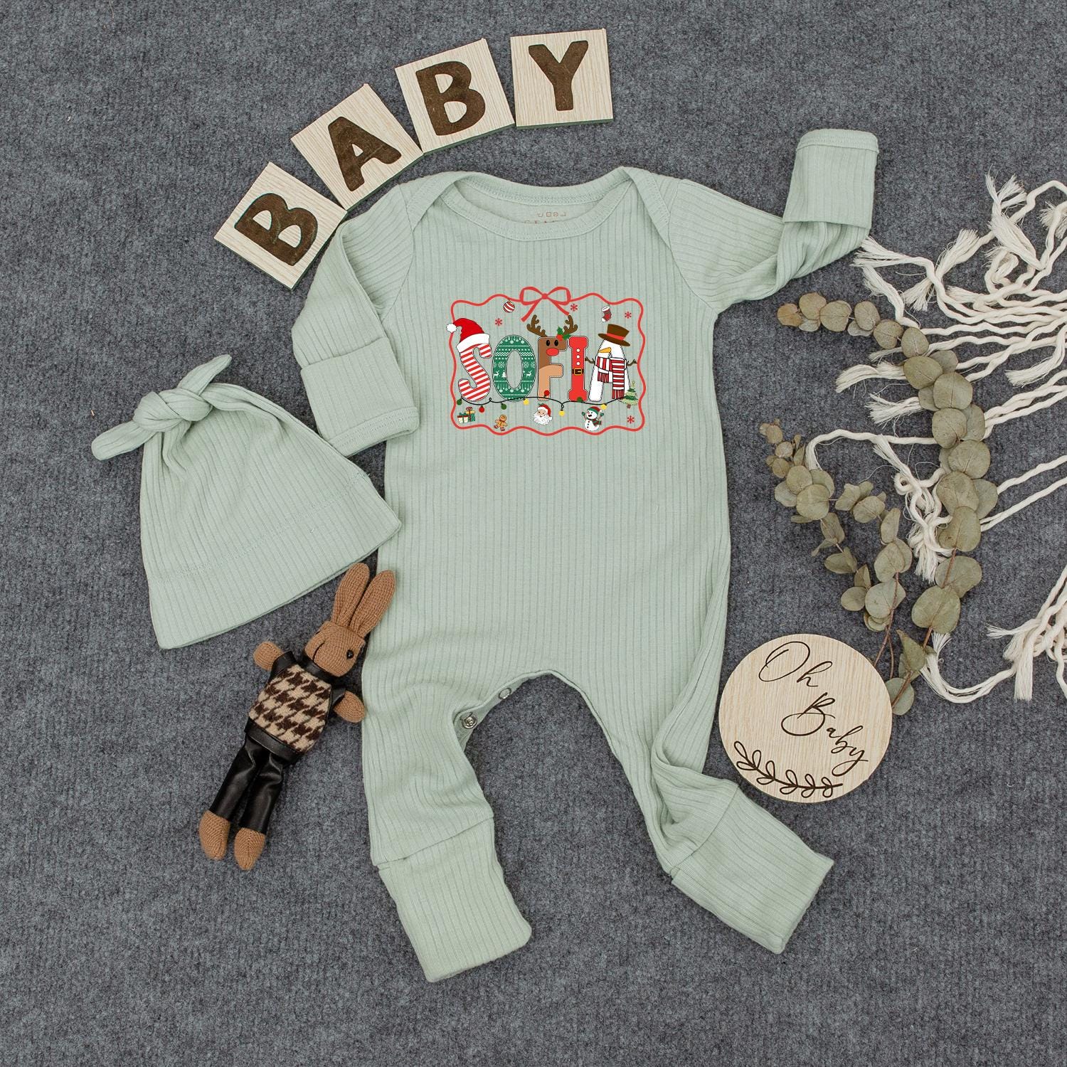 Sofia Christmas Baby Bodysuit Cute Holiday Name Outfit with Reindeer Antlers Snowman and Candy Cane Letters for Newborns