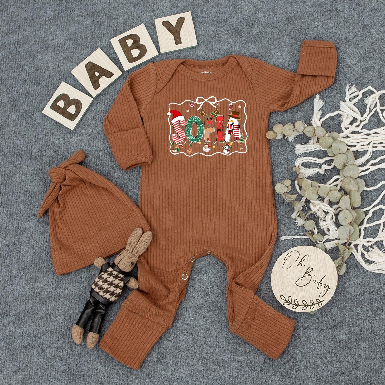 Sofia Christmas Baby Bodysuit Cute Holiday Name Outfit with Reindeer Antlers Snowman and Candy Cane Letters for Newborns