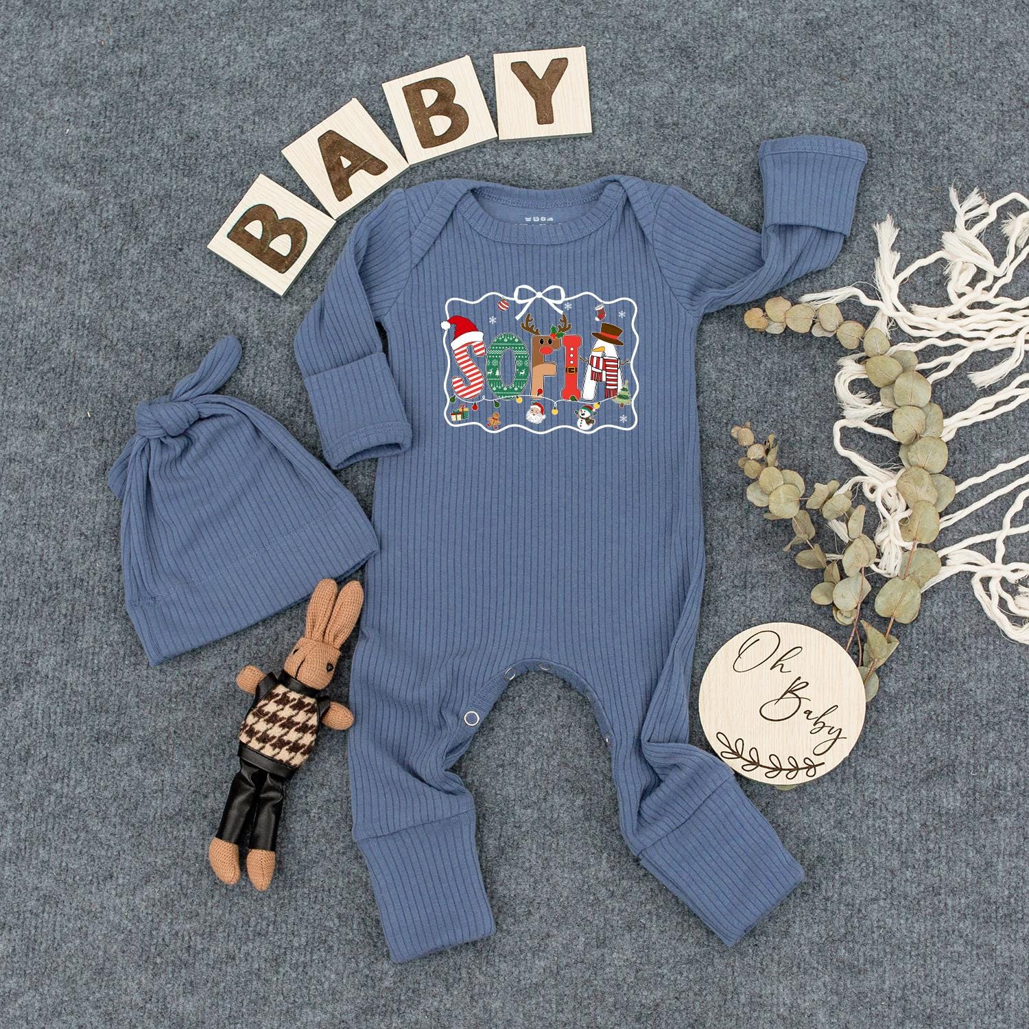 Sofia Christmas Baby Bodysuit Cute Holiday Name Outfit with Reindeer Antlers Snowman and Candy Cane Letters for Newborns