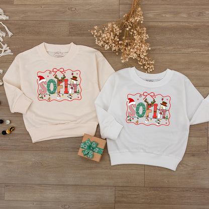 Personalized Sofia's First Christmas Outfit, Custom Name Holiday Baby Sweatshirt Romper, Festive Xmas Letters, Cute Infant Gift, Winter Fun (136 chars)