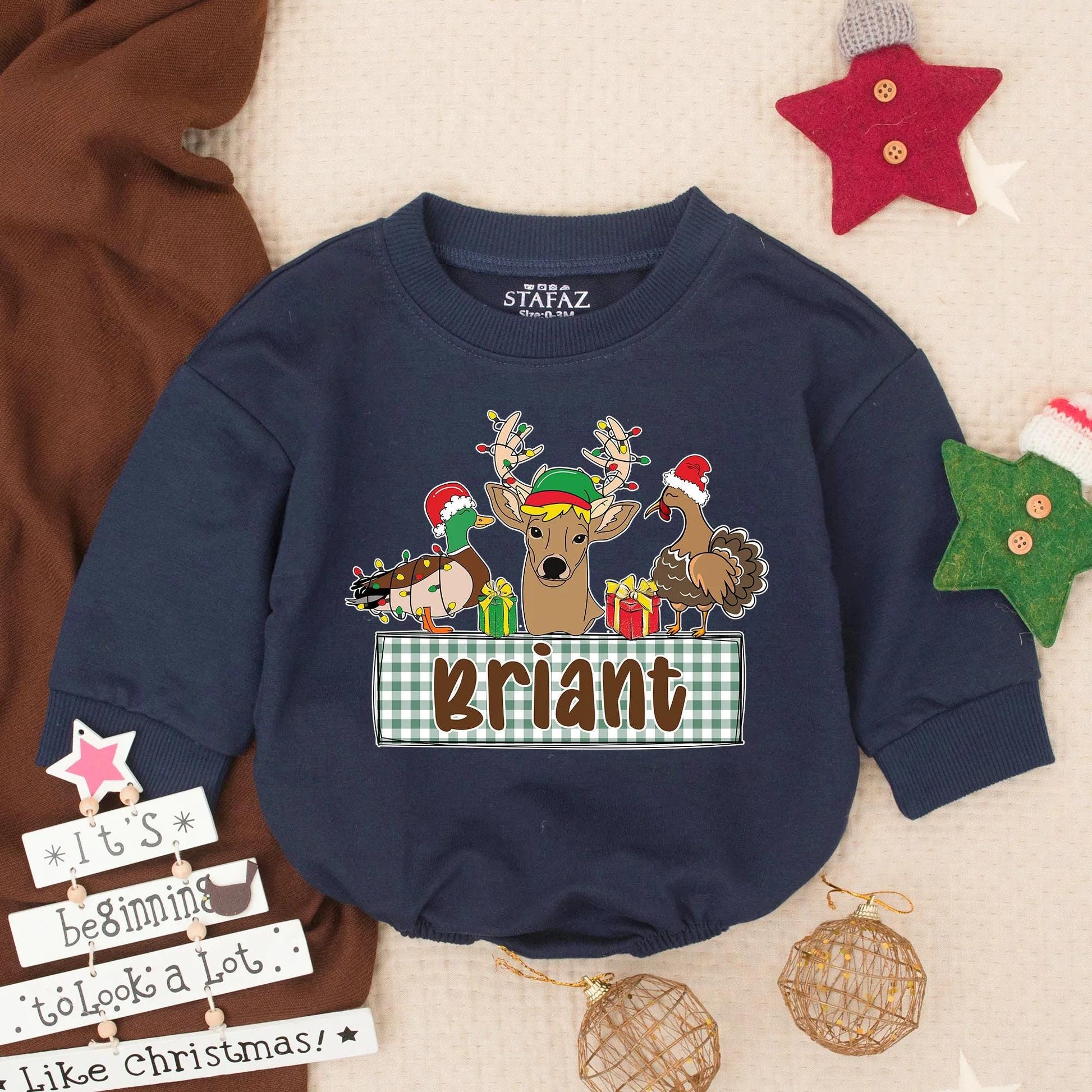 Briant Christmas Bubble Romper: Rustic Baby Boy Outfit with Duck, Deer & Turkey in Plaid, Custom Toddler Clothes, Duck Baby Shower Gift