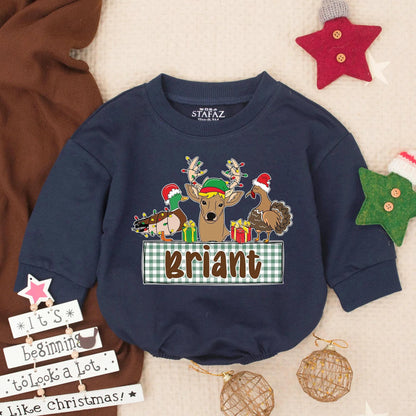 Briant Christmas Bubble Romper: Rustic Baby Boy Outfit with Duck, Deer & Turkey in Plaid, Custom Toddler Clothes, Duck Baby Shower Gift