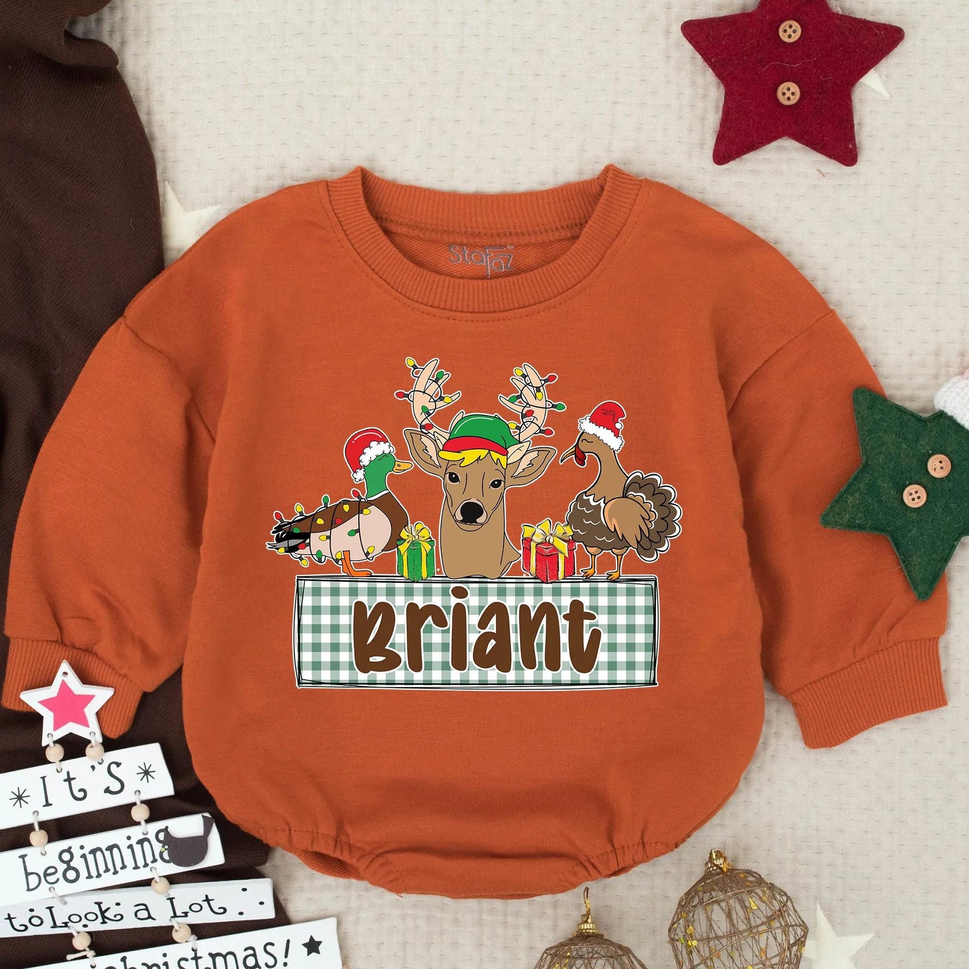 Briant Christmas Bubble Romper: Rustic Baby Boy Outfit with Duck, Deer & Turkey in Plaid, Custom Toddler Clothes, Duck Baby Shower Gift