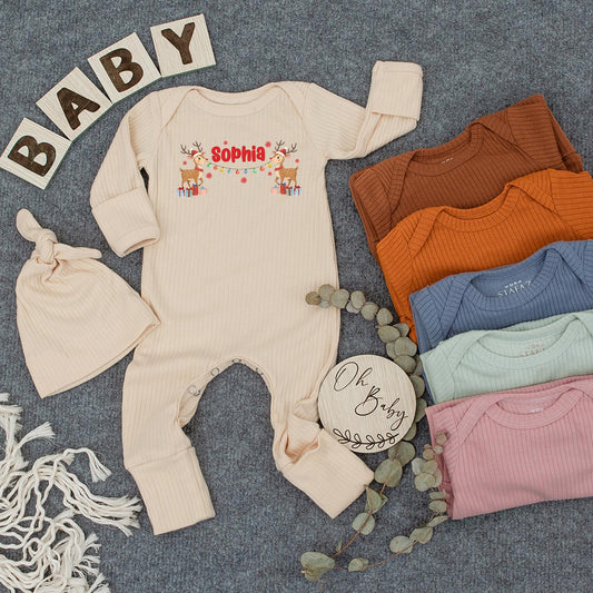 Personalized Neutral Reindeer Christmas Baby Bodysuit Custom Name Ribbed Jumpsuit First Holiday Gift