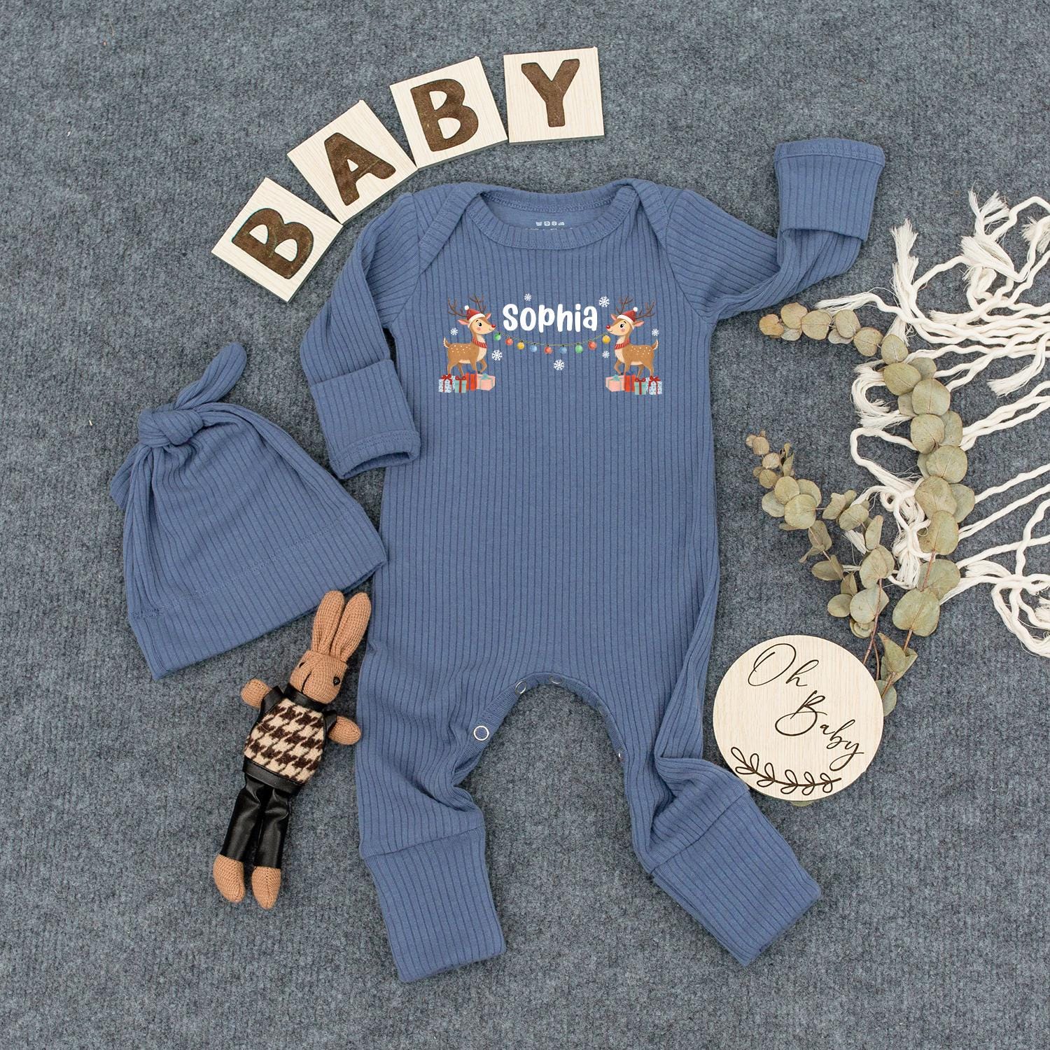 Personalized Neutral Reindeer Christmas Baby Bodysuit Custom Name Ribbed Jumpsuit First Holiday Gift