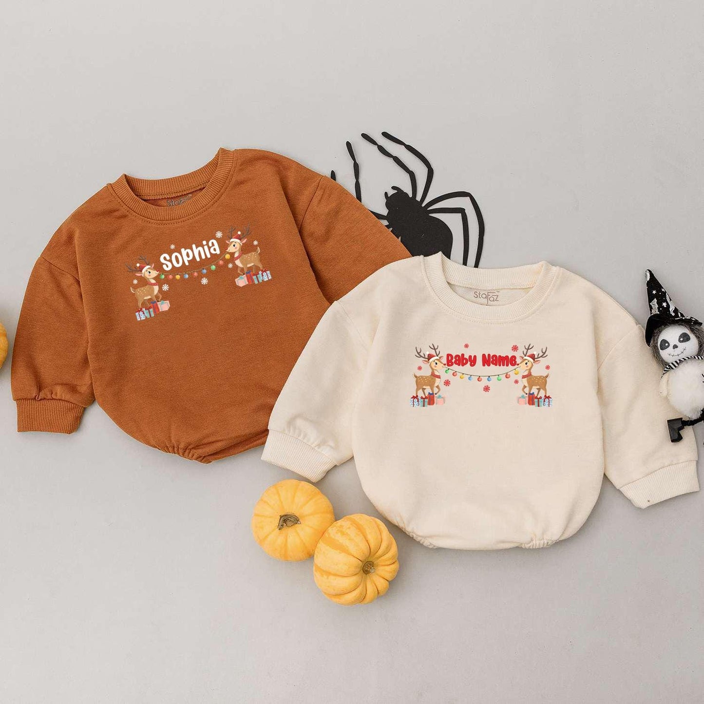 Personalized Christmas Baby Reindeer Outfit with Name, Festive Romper Sweatshirt Holiday Lights Snowflakes Presents Boy Girl