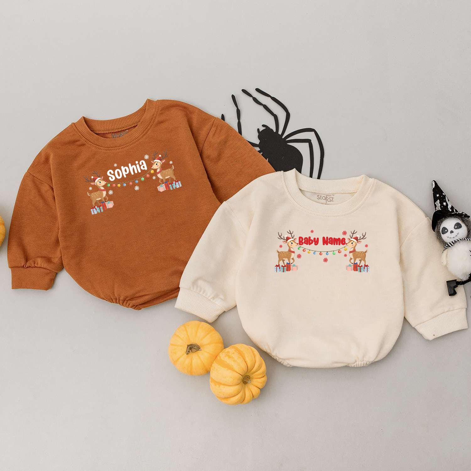 Personalized Christmas Baby Reindeer Outfit with Name, Festive Romper Sweatshirt Holiday Lights Snowflakes Presents Boy Girl