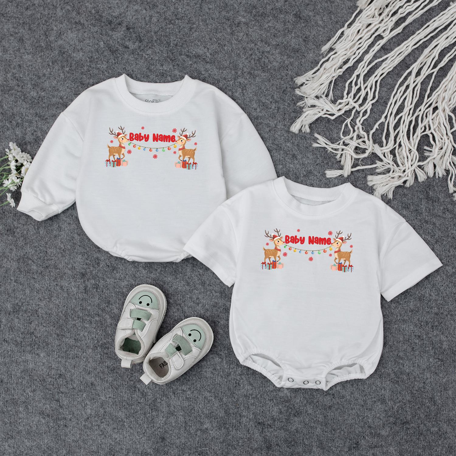 Personalized Christmas Baby Reindeer Outfit with Name, Festive Romper Sweatshirt Holiday Lights Snowflakes Presents Boy Girl
