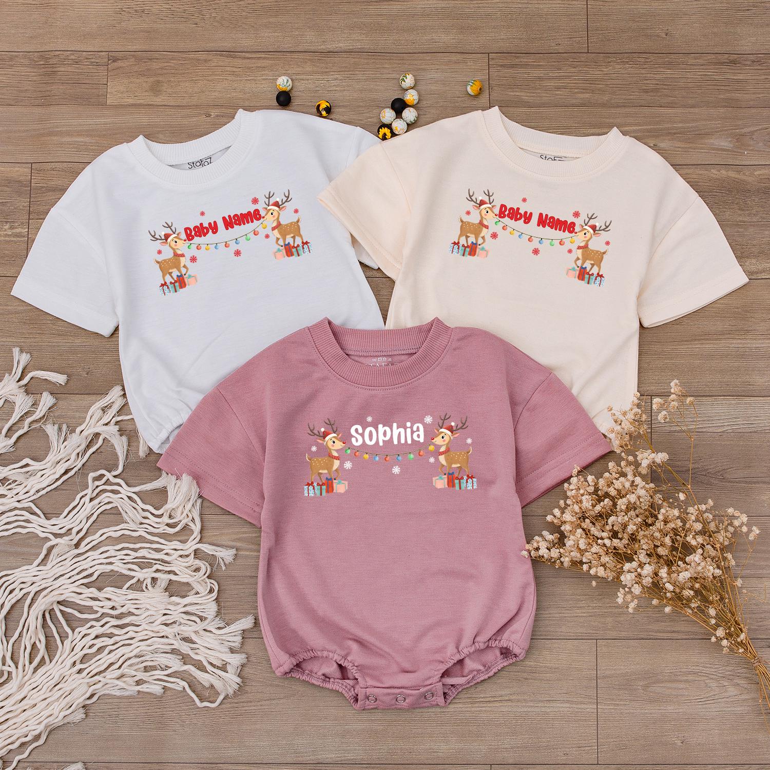 Personalized Christmas Baby Reindeer Outfit with Name, Festive Romper Sweatshirt Holiday Lights Snowflakes Presents Boy Girl