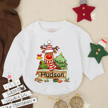 Personalized My First Christmas Baby Boy Reindeer Bubble Romper festive colorful holiday outfit with Santa hat and presents toddler infant clothes