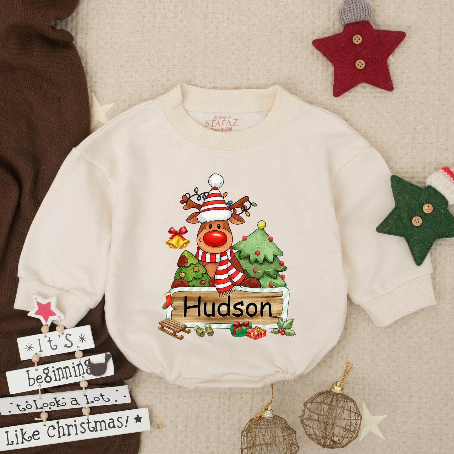 Personalized My First Christmas Baby Boy Reindeer Bubble Romper festive colorful holiday outfit with Santa hat and presents toddler infant clothes