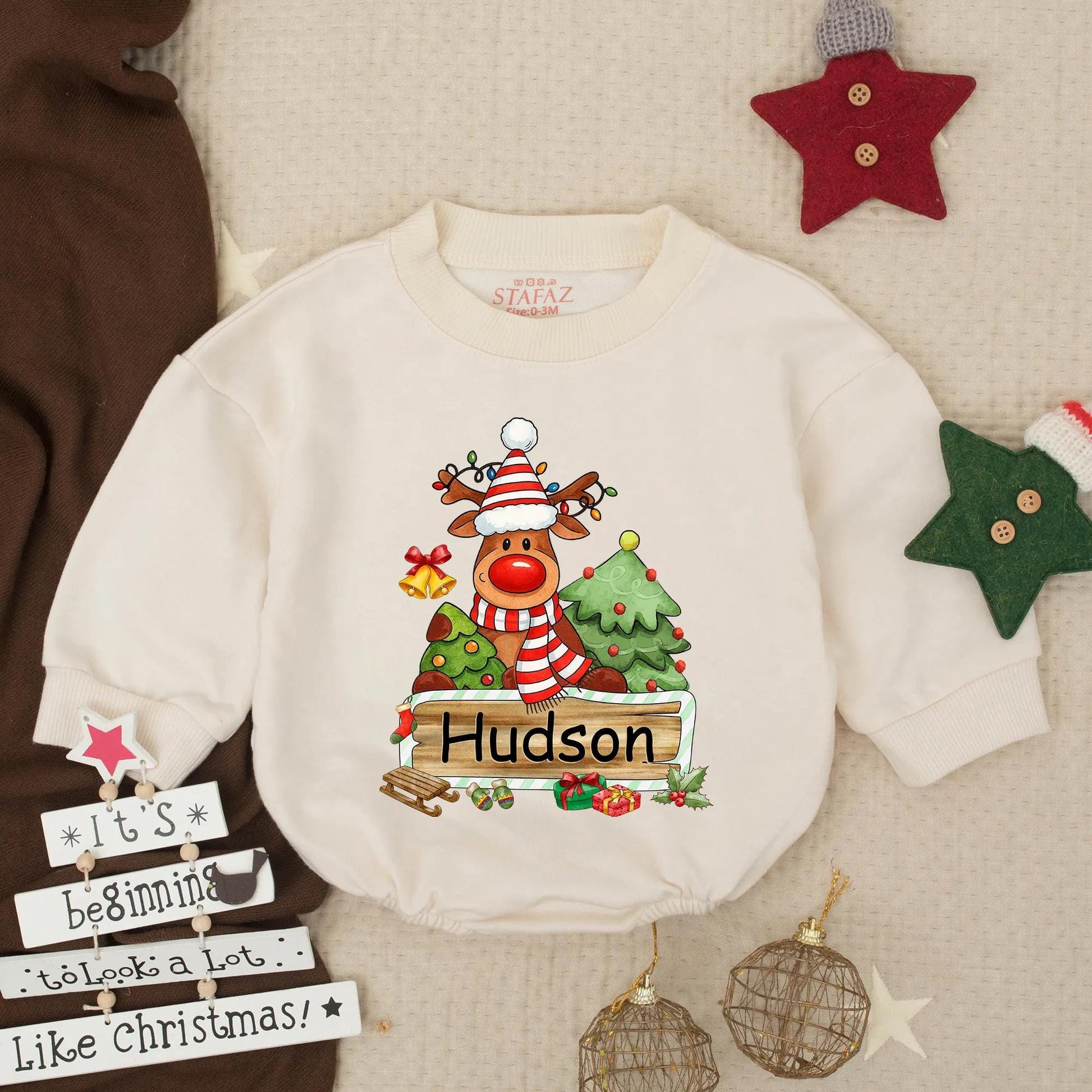 Personalized My First Christmas Baby Boy Reindeer Bubble Romper festive colorful holiday outfit with Santa hat and presents toddler infant clothes