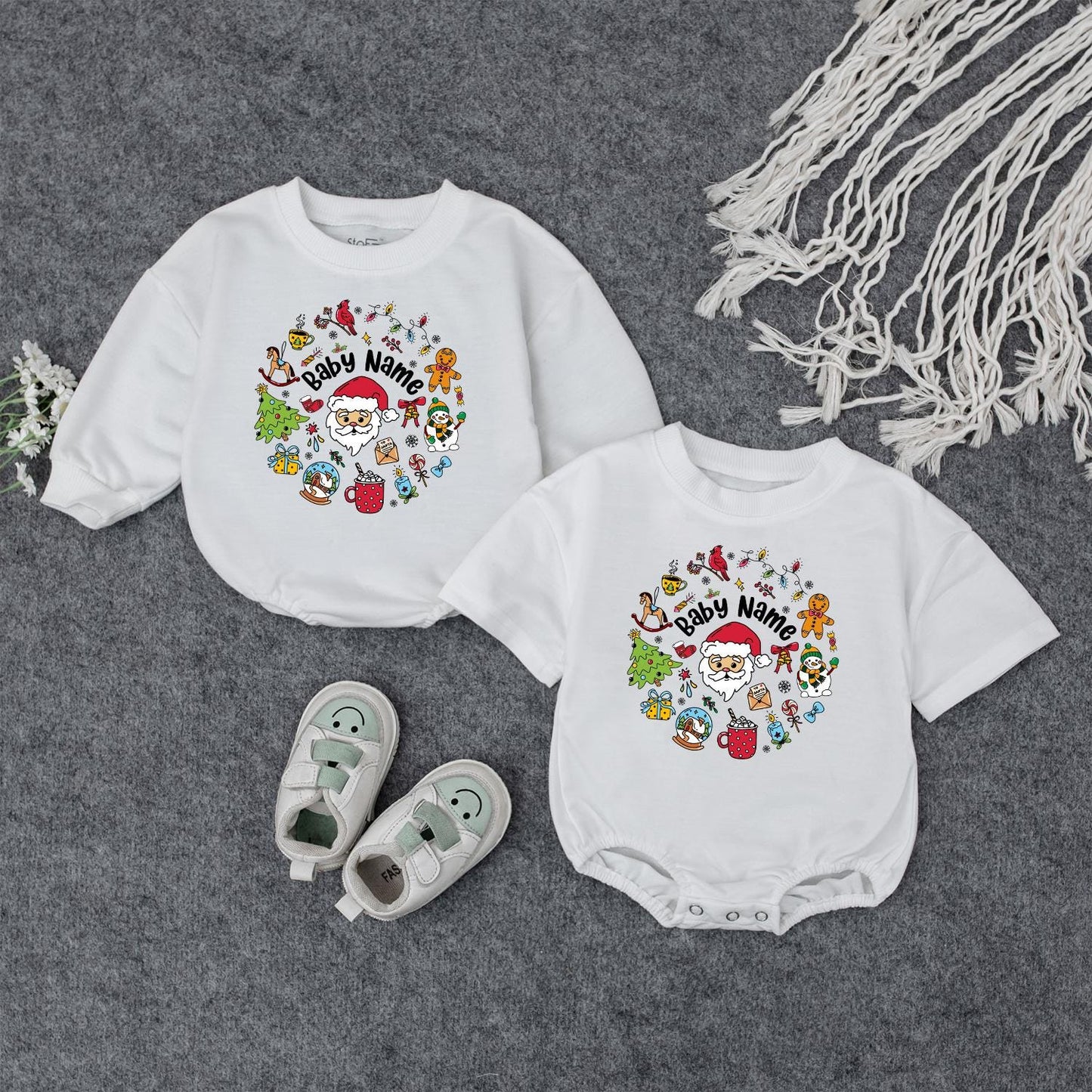 Personalized Baby Christmas Outfit with Santa Claus Gingerbread Snowman Design Custom Name for Infant Girl Boy First Holiday Gift Warm Red Green Yellow