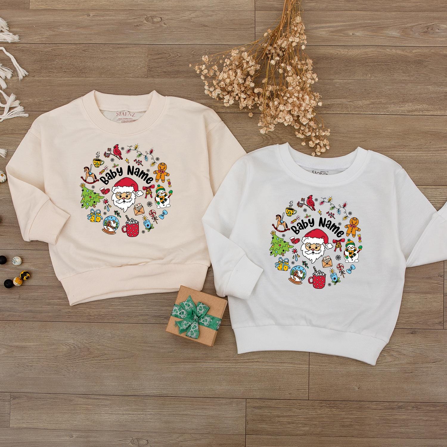 Personalized Baby Christmas Outfit with Santa Claus Gingerbread Snowman Design Custom Name for Infant Girl Boy First Holiday Gift Warm Red Green Yellow