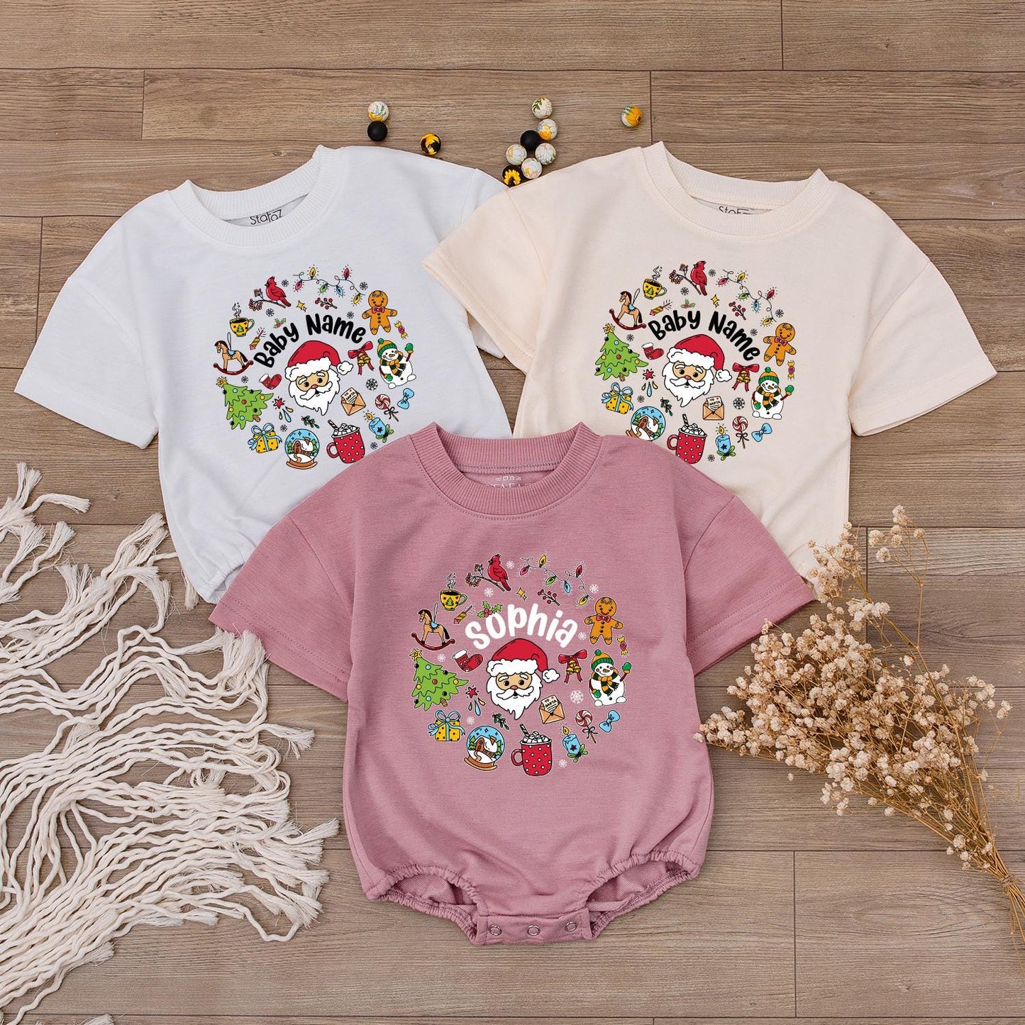 Personalized Baby Christmas Outfit with Santa Claus Gingerbread Snowman Design Custom Name for Infant Girl Boy First Holiday Gift Warm Red Green Yellow