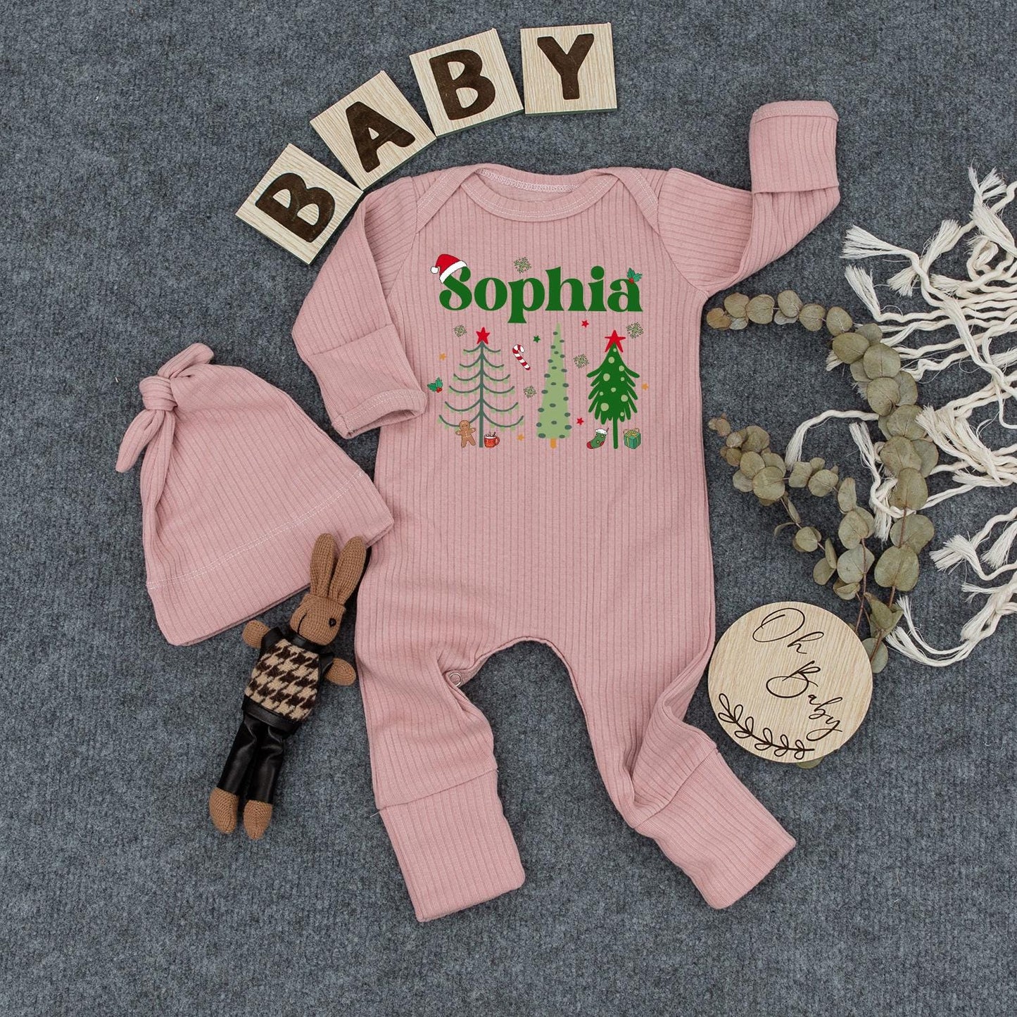 Personalized Christmas Baby Bodysuit Hat Set Custom Name Cute Newborn Holiday Outfit First Xmas Gift Cozy Festive Baby Clothes