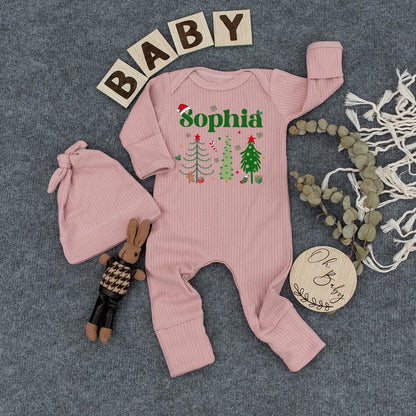 Personalized Christmas Baby Bodysuit Hat Set Custom Name Cute Newborn Holiday Outfit First Xmas Gift Cozy Festive Baby Clothes