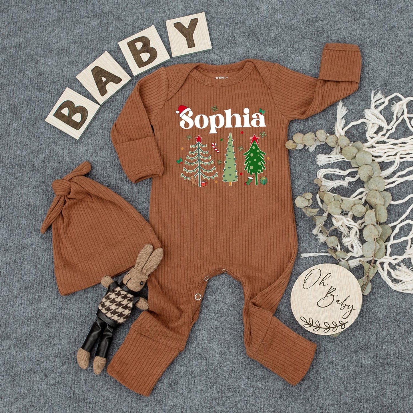 Personalized Christmas Baby Bodysuit Hat Set Custom Name Cute Newborn Holiday Outfit First Xmas Gift Cozy Festive Baby Clothes